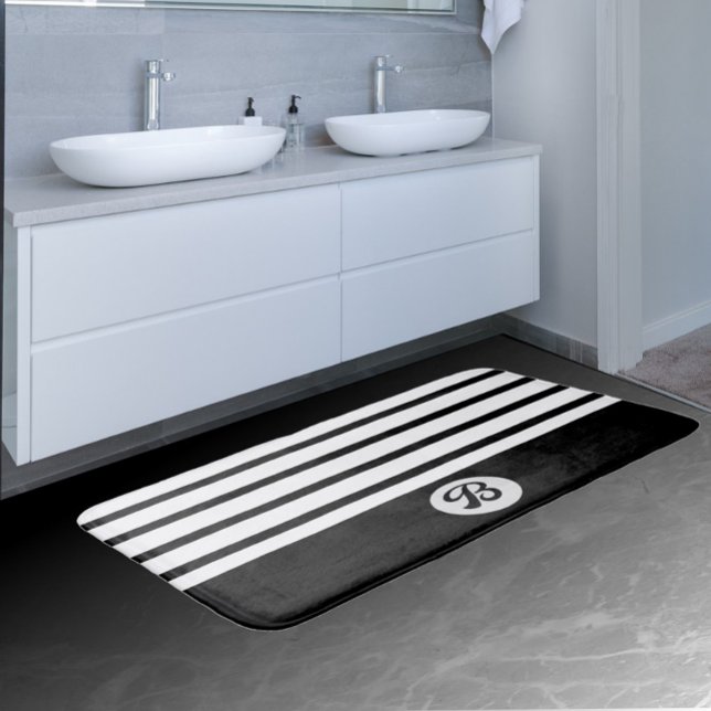 Black and white classic stripes with monogram  bath mat (Creator Uploaded)