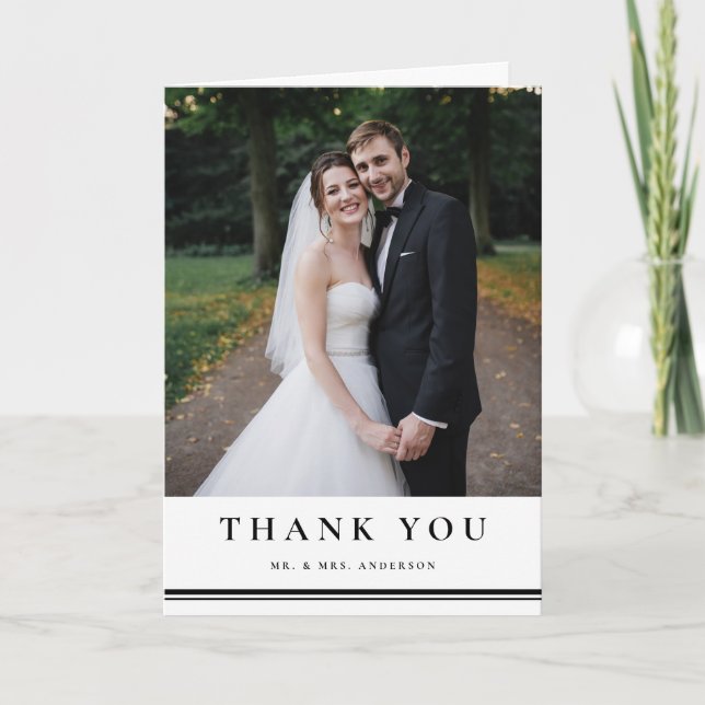 Black and White Classic Typography Striped Wedding Thank You Card (Front)