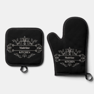 Black and White Classic Vintage Initial Logo Oven Mitt & Pot Holder Set