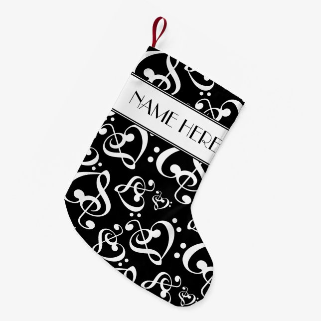 Black And White Clef Hearts Music Notes Christmas Small Christmas Stocking (Front (Hanging))
