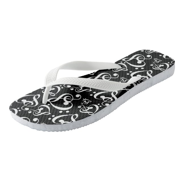 Black And White Clef Hearts Music Notes Shoes Flip Flops (Angled)