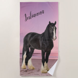Black and White Clydesdale on the Beach at Sunset Beach Towel