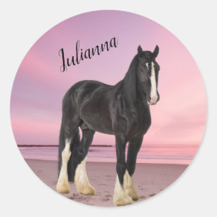 Black and White Clydesdale on the Beach at Sunset  Classic Round Sticker