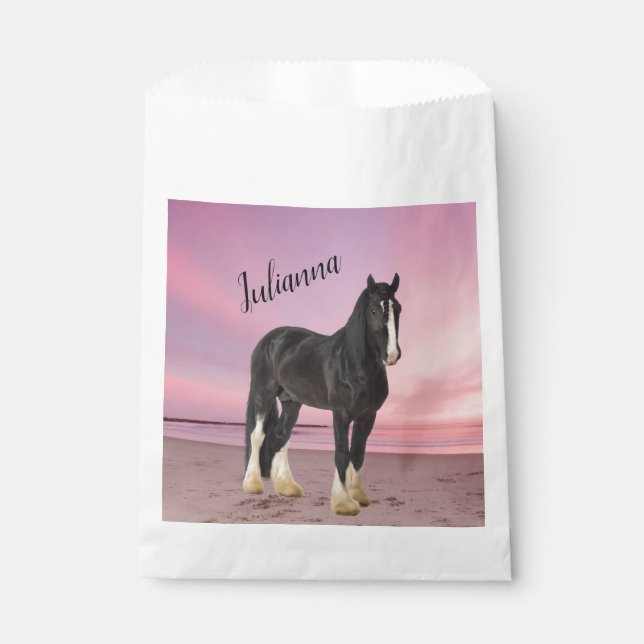 Black and White Clydesdale on the Beach at Sunset  Favour Bags (Front)