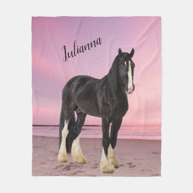Black and White Clydesdale on the Beach at Sunset  Fleece Blanket (Front)