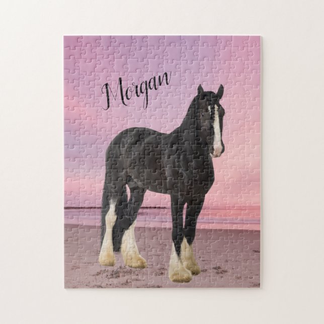 Black and White Clydesdale on the Beach at Sunset  Jigsaw Puzzle (Vertical)
