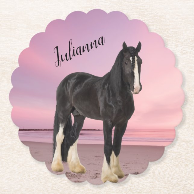 Black and White Clydesdale on the Beach at Sunset  Paper Coaster (Front)