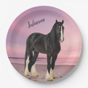 Black and White Clydesdale on the Beach at Sunset Paper Plate