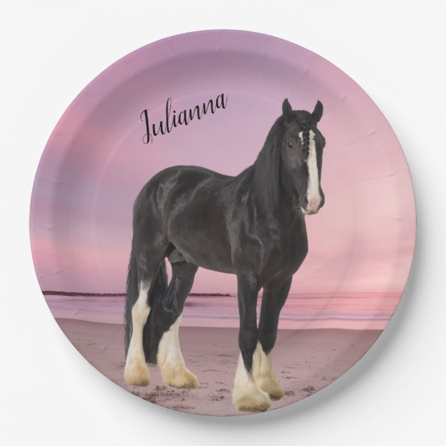 Black and White Clydesdale on the Beach at Sunset Paper Plate (Front)