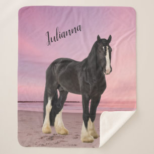Black and White Clydesdale on the Beach at Sunset Sherpa Blanket