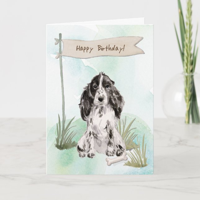 Black and White Cocker Spaniel Dog Under Birthday Card (Front)