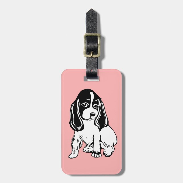 Black and White Cocker Spaniel Pink Luggage Tag (Front Vertical)