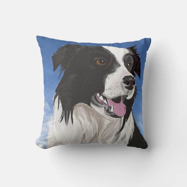 Black and White Collie against a Blue Sky Cushion (Front)