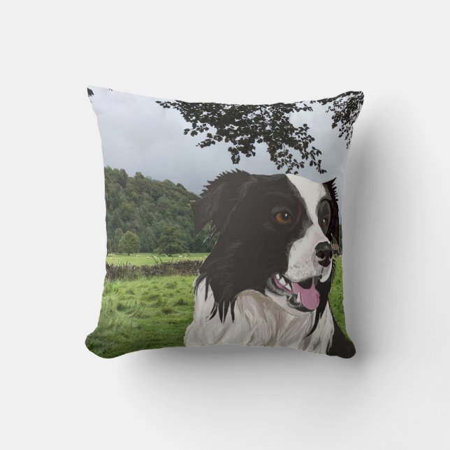 Black and White Collie against a Yorkshire scene Cushion (Front)