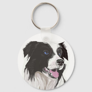 black and white collie blue eyes key ring