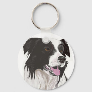 Black and White Collie with Brown Eyes Key Ring