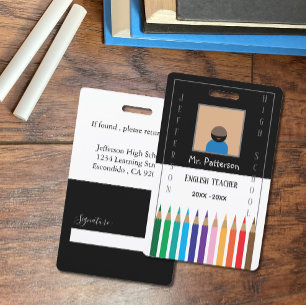 Black and White Colour Pencils Teacher ID Badge 