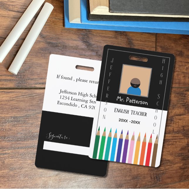 Black and White Colour Pencils Teacher ID Badge  (Black and white color pencils teacher vertical photo ID badge .)