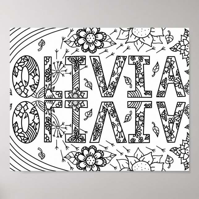 Black and White Colouring Page Girl's Name Olivia Poster (Front)