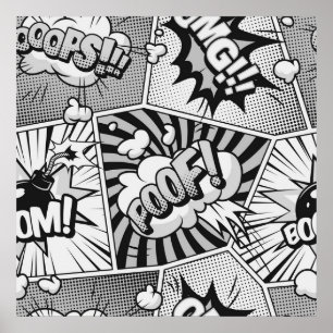Black and White Comic Book Word Art Collage Poster