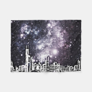 Black and White Comic Style City Skyline Milky Way Fleece Blanket