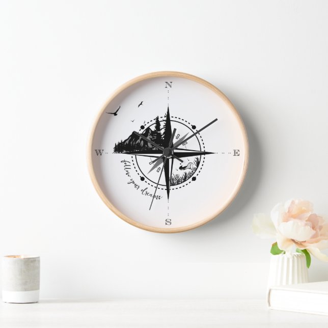 Black and white compass with nature landscape clock (Home)