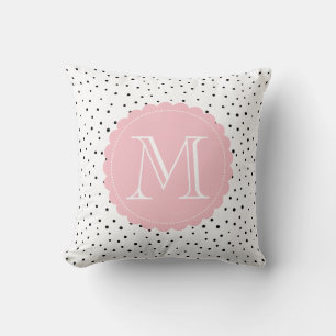 Black and White Confetti Dots Blush Pink Monogram Cushion