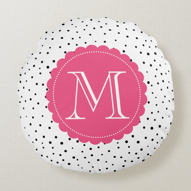 Black and White Confetti Dots Hot Pink Monogram Round Cushion (Front)