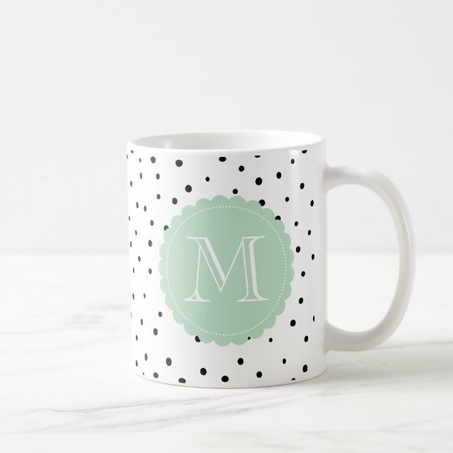 Black and White Confetti Dots Mint Monogram Mug (Right)