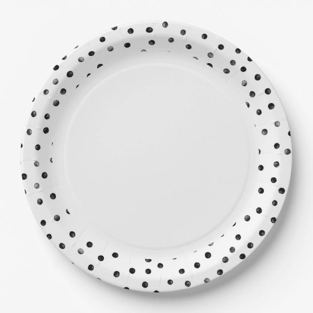 Black And White Confetti Dots Paper Plate (Front)