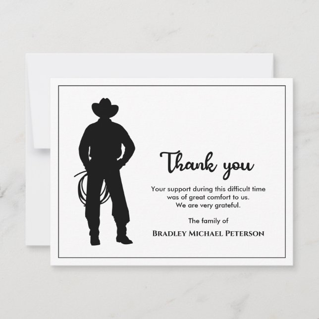 Black And White Cool Cowboy Lasso Memorial Funeral Thank You Card (Front)