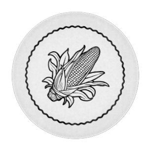 Black and white corn cob icon with leaves cutting board