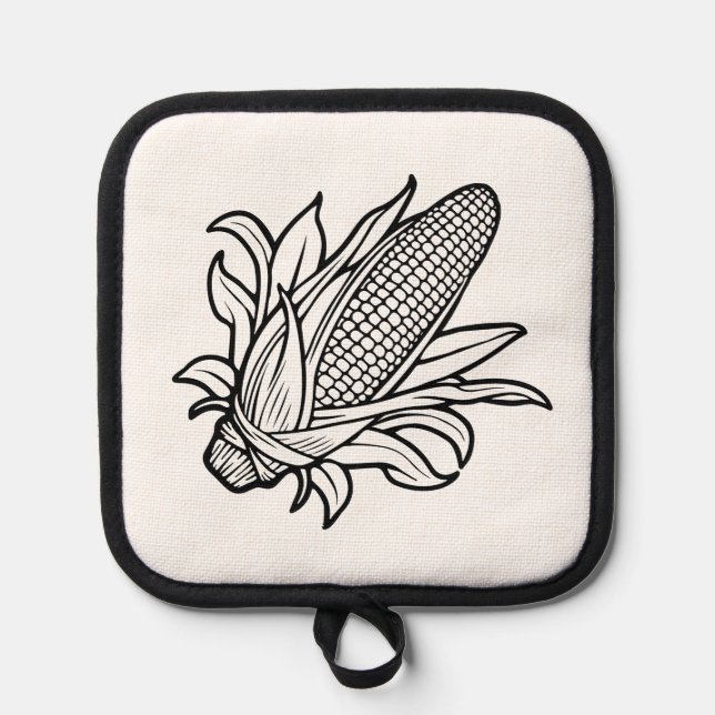 Black and white corn cob icon with leaves pot holder (Front)