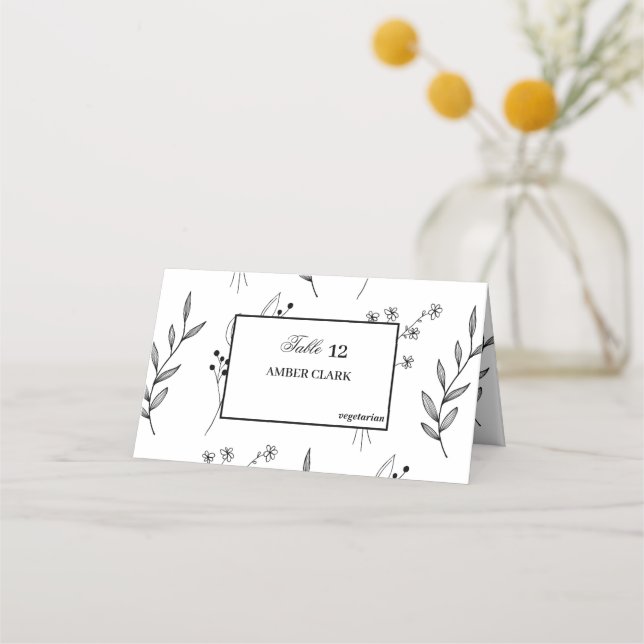 Black and White Corner Floral Boho Wedding Place Card (Front)
