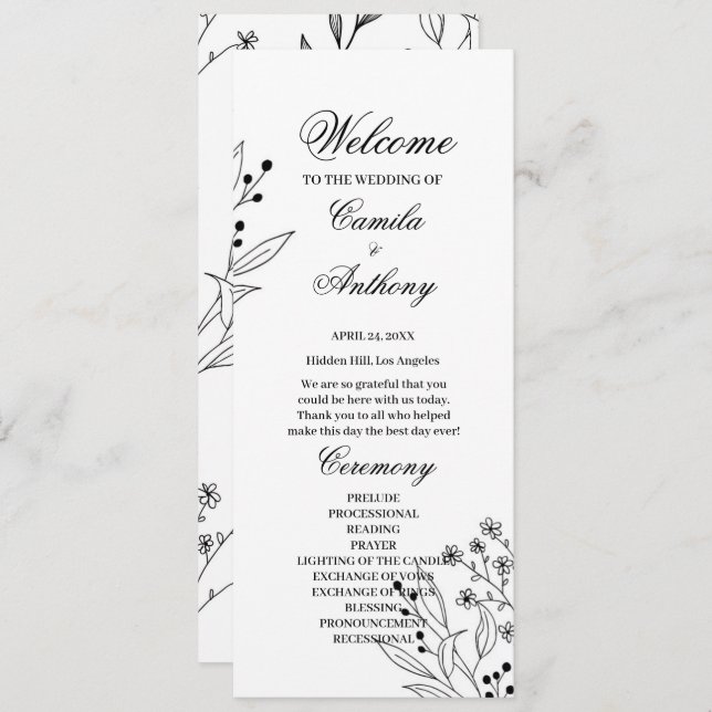 Black and White Corner Floral Boho Wedding Programme (Front/Back)