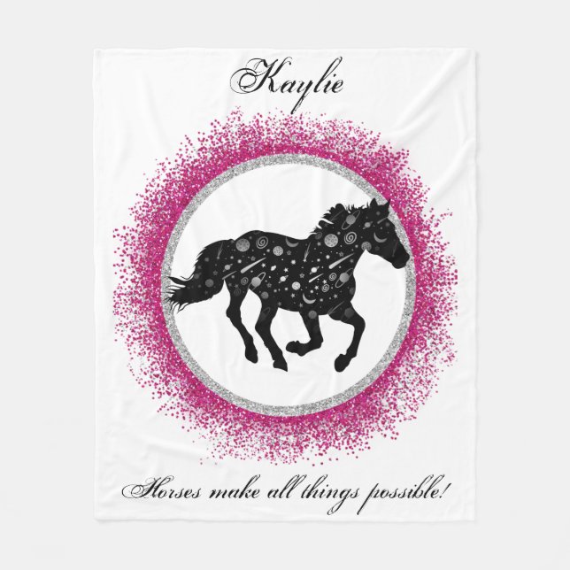 Black and White Cosmic Horse Fleece Blanket (Front)