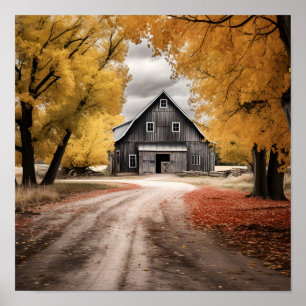 black and white country barn fall landscape print