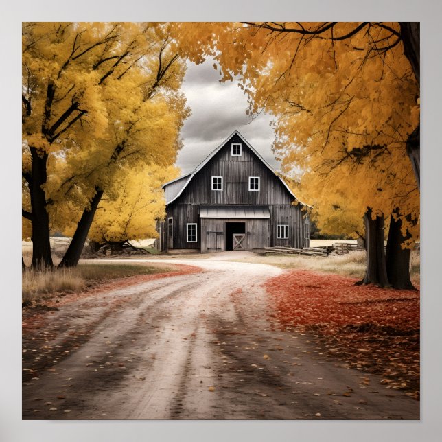 black and white country barn fall landscape print (Front)