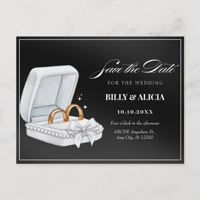 Black and white couple ring wedding postcard (Front)