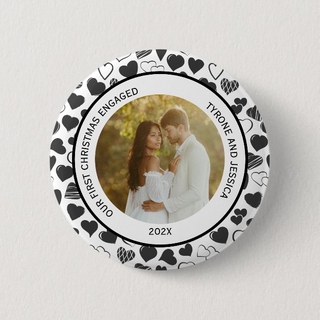 Black and White Couples First Christmas Engaged  6 Cm Round Badge (Front)