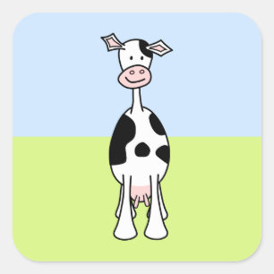 Black and White Cow Cartoon. Front. Square Sticker