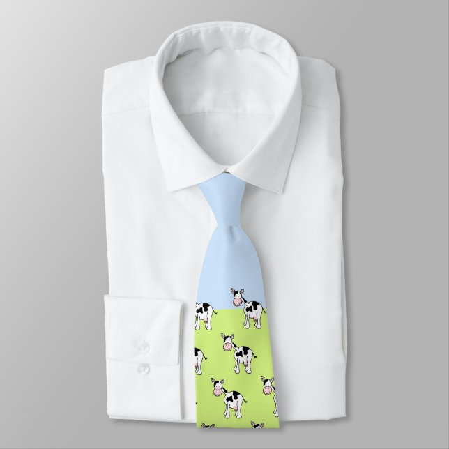 Black and White Cow Cartoon Tie (Tied)