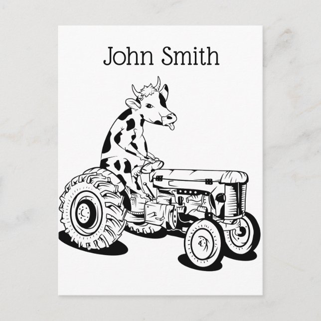 Black and white cow driving a tractor postcard (Front)