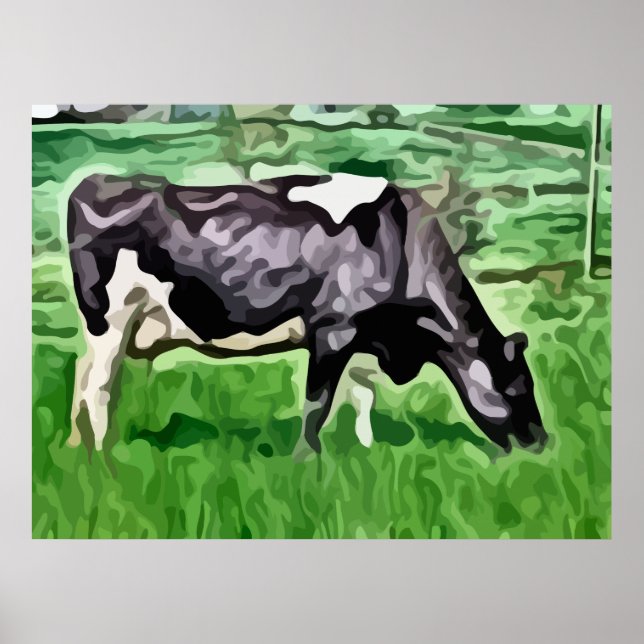 Black and white cow grazing painting. poster (Front)