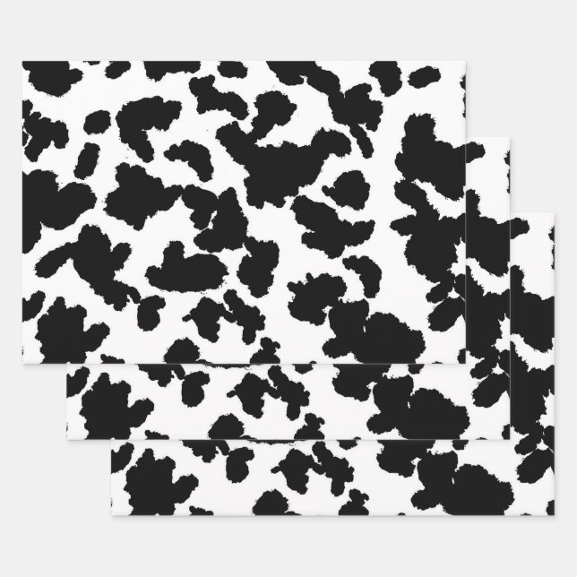 Black And White Cow Hide Fur Pattern  Wrapping Paper Sheet (Set)