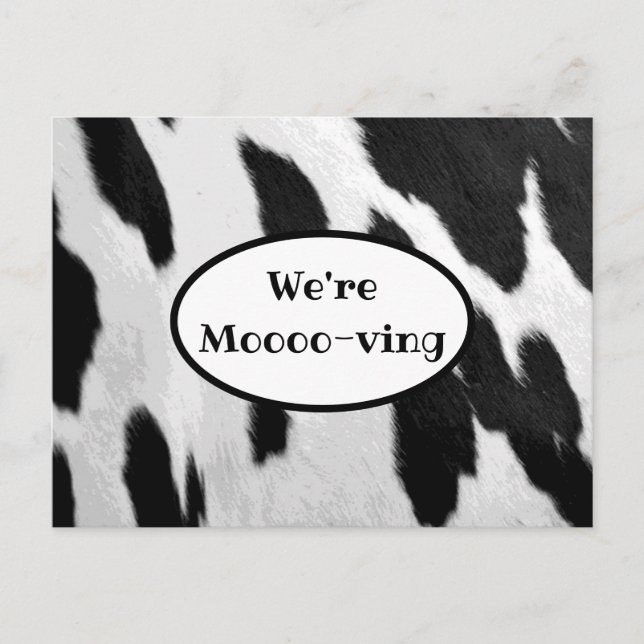 Black and White Cow Hide Look Moving Announcement Postcard (Front)