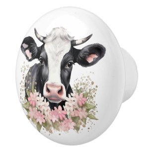 Black and White Cow In Flowers Ceramic Knob