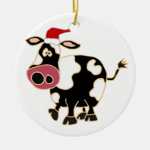 Black and White Cow in Santa Hat Christmas Ornament