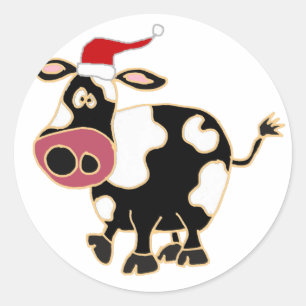 Black and White Cow in Santa Hat Classic Round Sticker