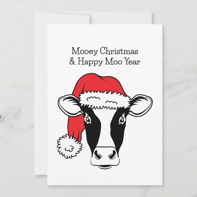 Black and white cow in santa hat funny Christmas Holiday Card (Front)